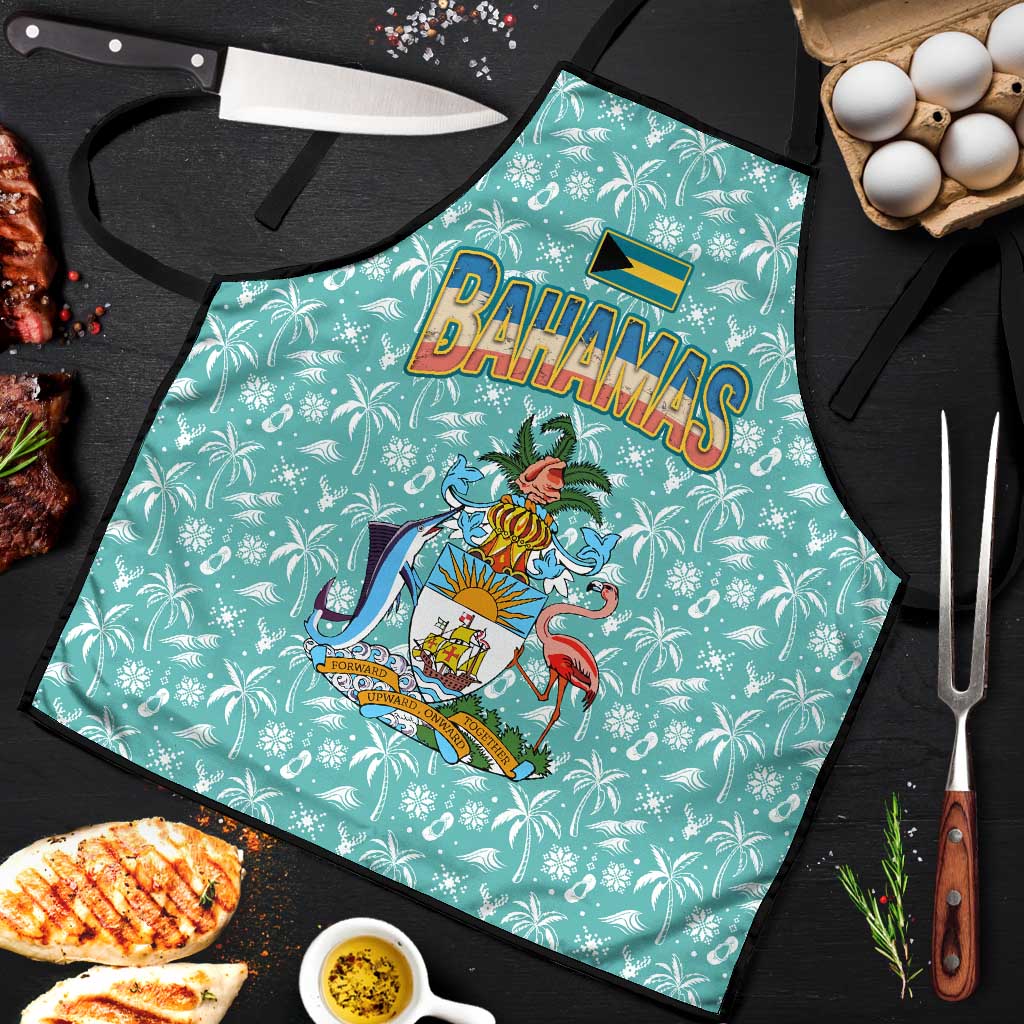 Bahamas Christmas Apron with Teal Palm Pattern Carnival Santa and National Emblem Motif - Wonder Print Shop