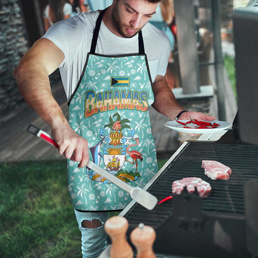Bahamas Christmas Apron with Teal Palm Pattern Carnival Santa and National Emblem Motif - Wonder Print Shop