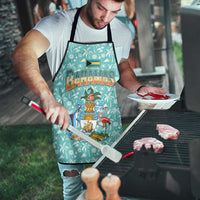 Bahamas Christmas Apron with Teal Palm Pattern Carnival Santa and National Emblem Motif - Wonder Print Shop