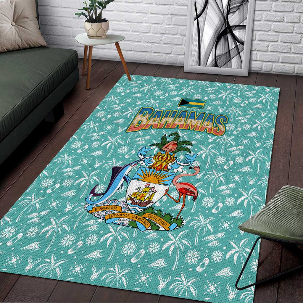 Bahamas Christmas Area Rug with Teal Palm Pattern Carnival Santa and National Emblem Motif - Wonder Print Shop