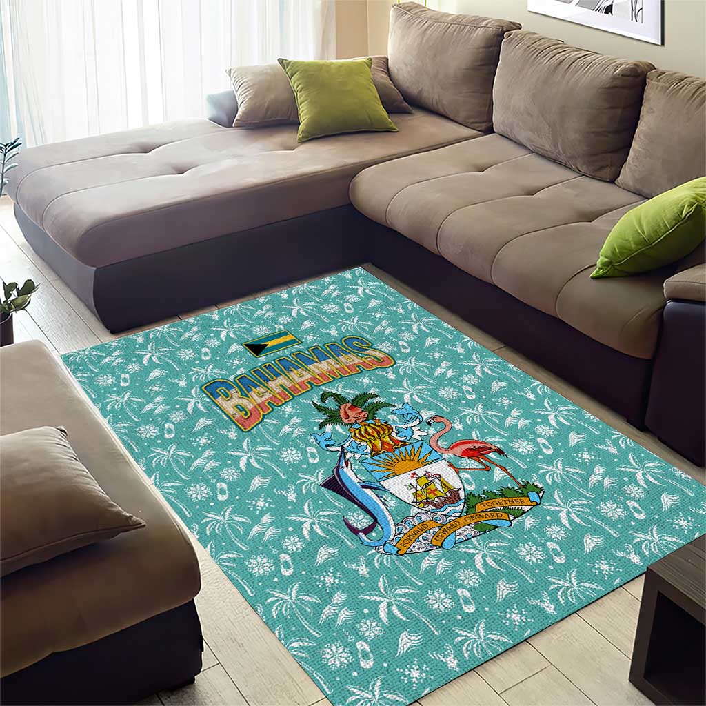 Bahamas Christmas Area Rug with Teal Palm Pattern Carnival Santa and National Emblem Motif - Wonder Print Shop