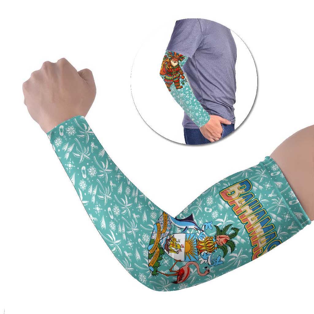 Bahamas Christmas Arm Sleeves with Teal Palm Pattern Carnival Santa and National Emblem Motif - Wonder Print Shop
