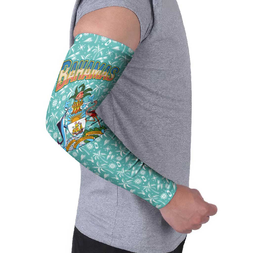 Bahamas Christmas Arm Sleeves with Teal Palm Pattern Carnival Santa and National Emblem Motif - Wonder Print Shop
