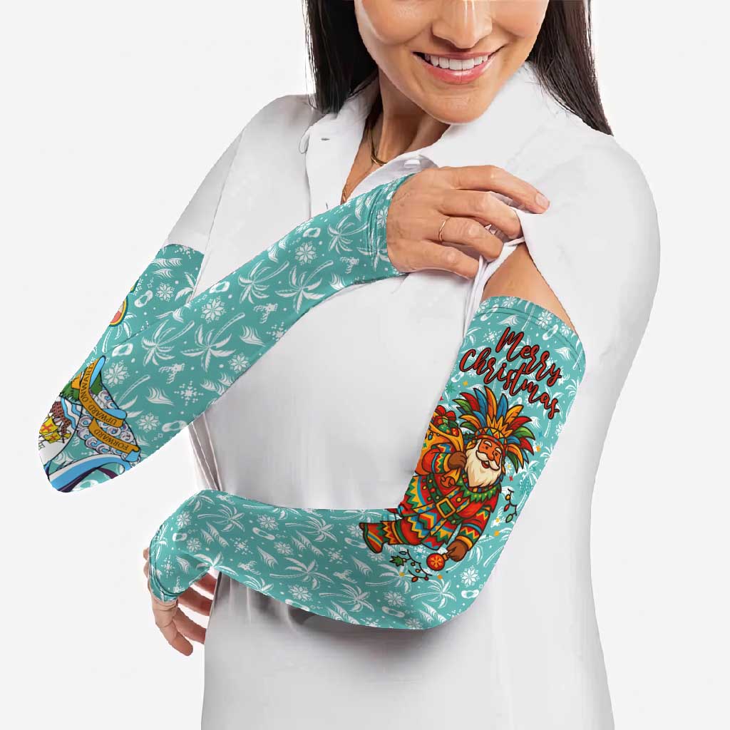 Bahamas Christmas Arm Sleeves with Teal Palm Pattern Carnival Santa and National Emblem Motif - Wonder Print Shop