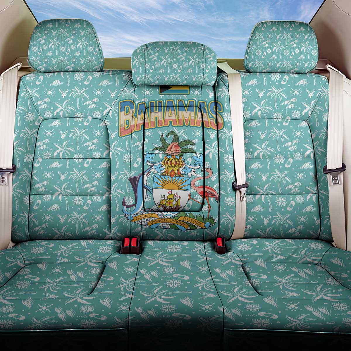 Bahamas Christmas Back Car Seat Cover with Teal Palm Pattern Carnival Santa and National Emblem Motif - Wonder Print Shop