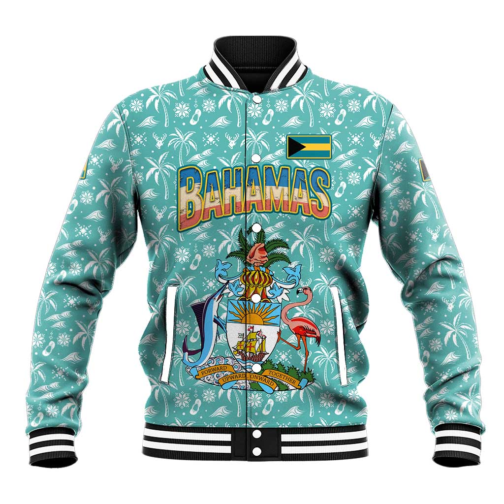 Bahamas Christmas Baseball Jacket with Teal Palm Pattern Carnival Santa and National Emblem Motif - Wonder Print Shop