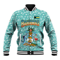 Bahamas Christmas Baseball Jacket with Teal Palm Pattern Carnival Santa and National Emblem Motif - Wonder Print Shop