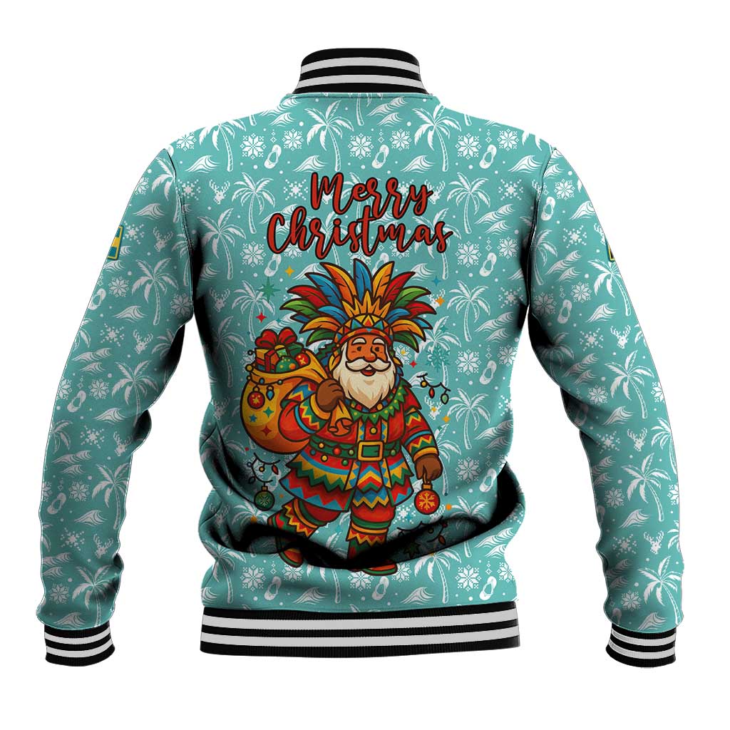 Bahamas Christmas Baseball Jacket with Teal Palm Pattern Carnival Santa and National Emblem Motif - Wonder Print Shop