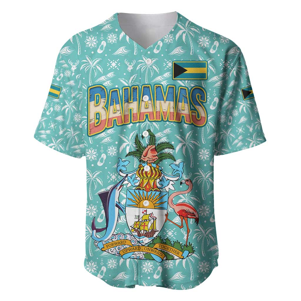 Bahamas Christmas Baseball Jersey with Teal Palm Pattern Carnival Santa and National Emblem Motif - Wonder Print Shop