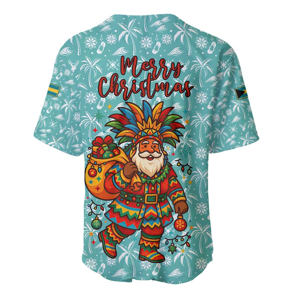 Bahamas Christmas Baseball Jersey with Teal Palm Pattern Carnival Santa and National Emblem Motif - Wonder Print Shop
