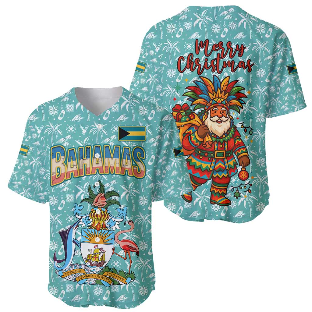 Bahamas Christmas Baseball Jersey with Teal Palm Pattern Carnival Santa and National Emblem Motif - Wonder Print Shop