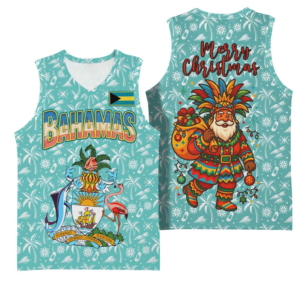 Bahamas Christmas Basketball Jersey with Teal Palm Pattern Carnival Santa and National Emblem Motif - Wonder Print Shop