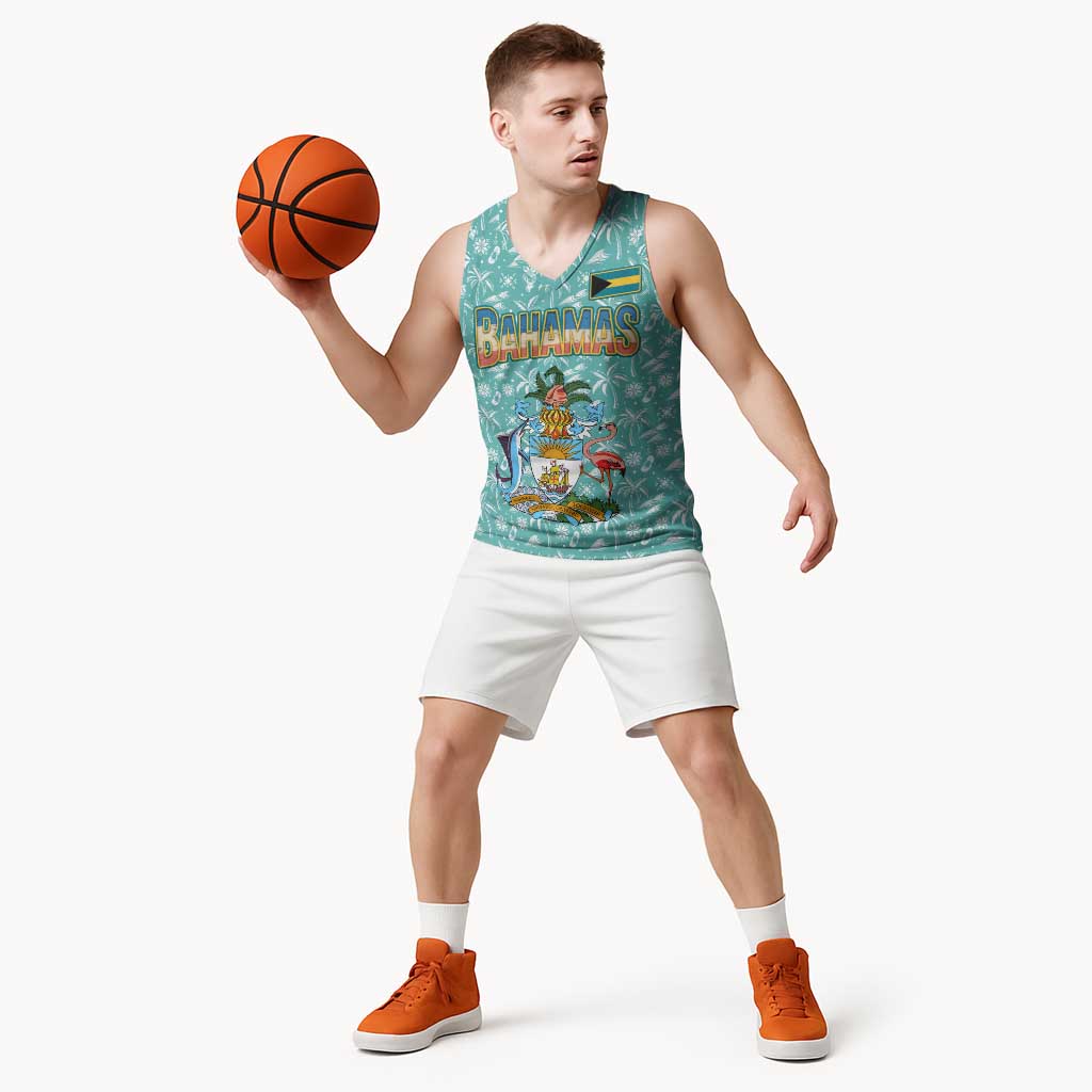 Bahamas Christmas Basketball Jersey with Teal Palm Pattern Carnival Santa and National Emblem Motif - Wonder Print Shop