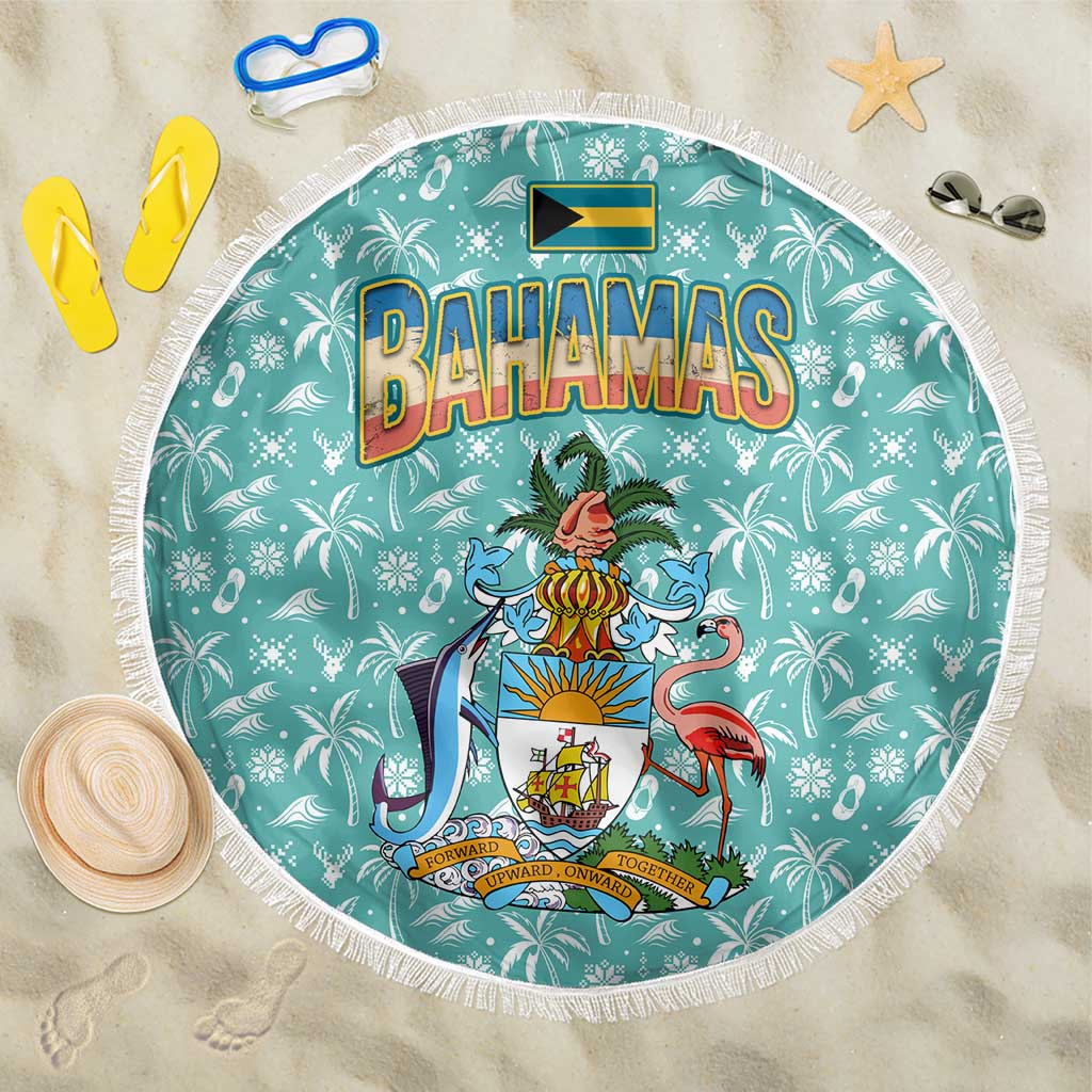 Bahamas Christmas Beach Blanket with Teal Palm Pattern Carnival Santa and National Emblem Motif - Wonder Print Shop
