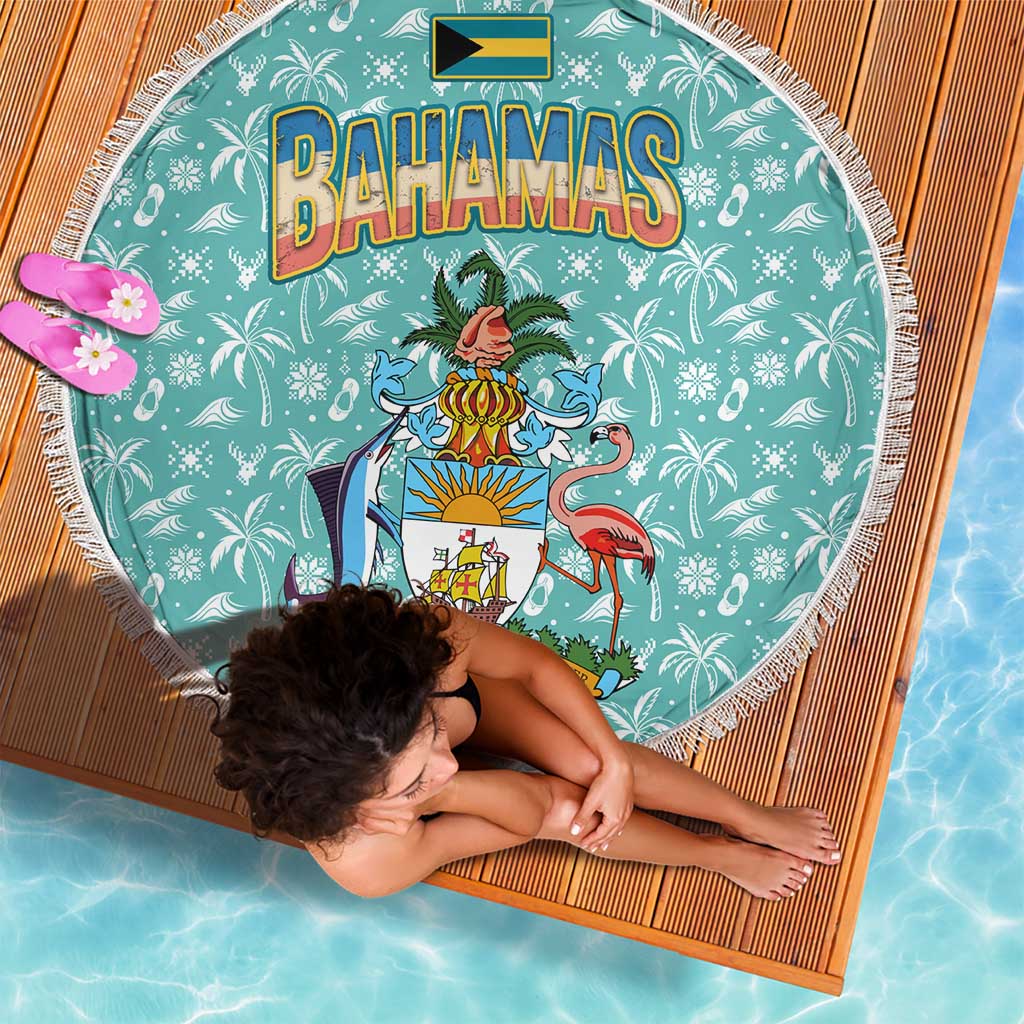 Bahamas Christmas Beach Blanket with Teal Palm Pattern Carnival Santa and National Emblem Motif - Wonder Print Shop