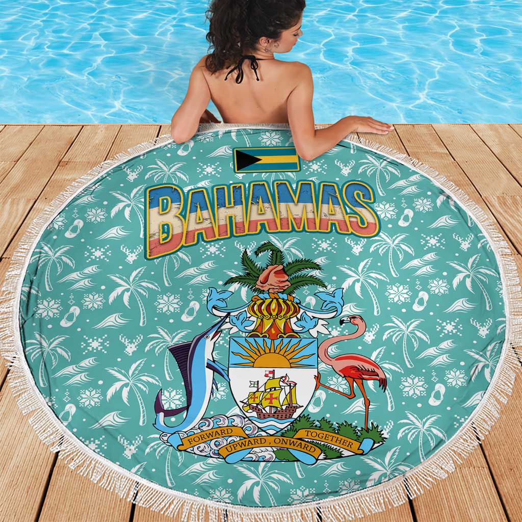 Bahamas Christmas Beach Blanket with Teal Palm Pattern Carnival Santa and National Emblem Motif - Wonder Print Shop