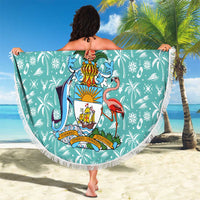 Bahamas Christmas Beach Blanket with Teal Palm Pattern Carnival Santa and National Emblem Motif - Wonder Print Shop