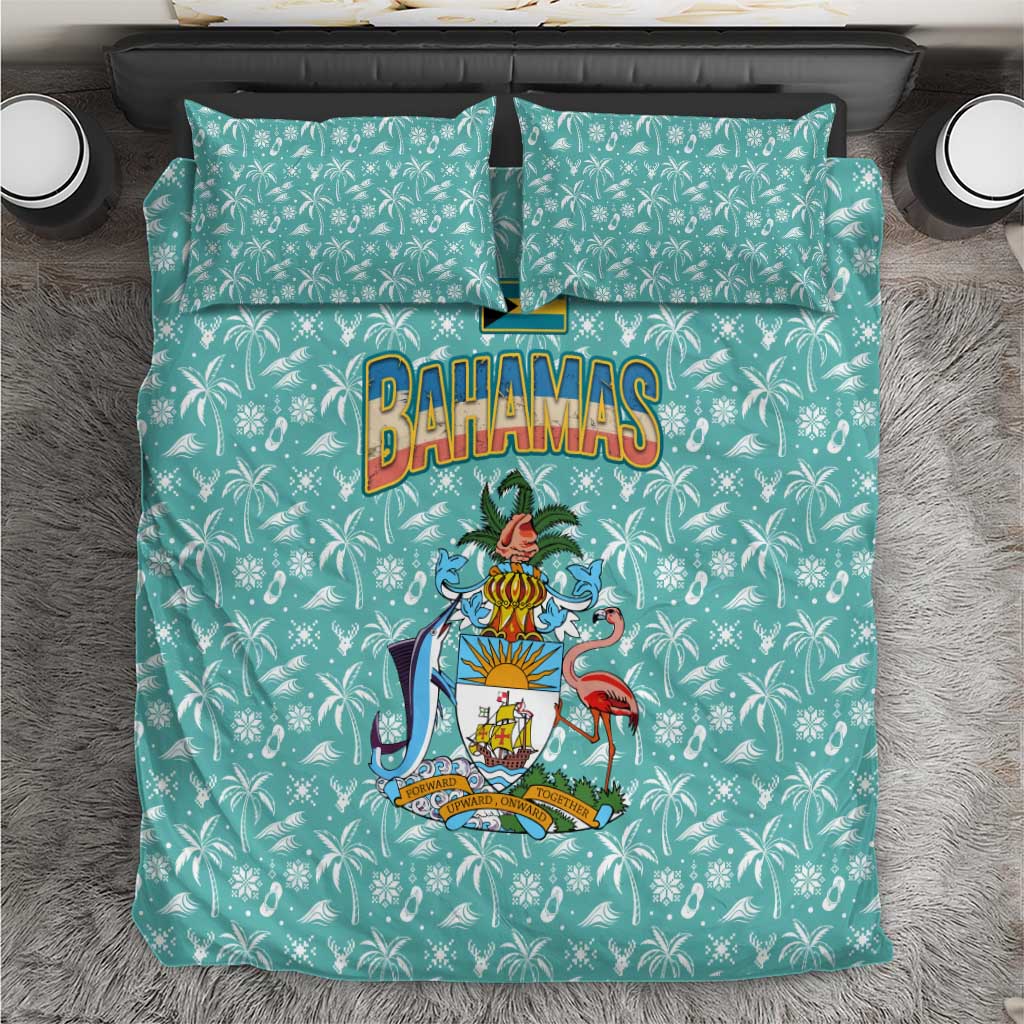 Bahamas Christmas Bedding Set with Teal Palm Pattern Carnival Santa and National Emblem Motif - Wonder Print Shop