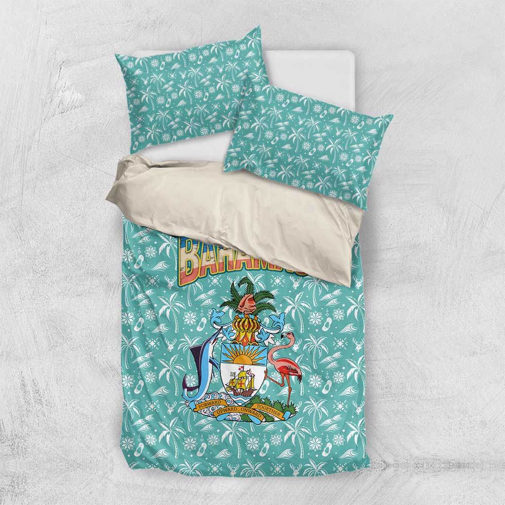 Bahamas Christmas Bedding Set with Teal Palm Pattern Carnival Santa and National Emblem Motif - Wonder Print Shop