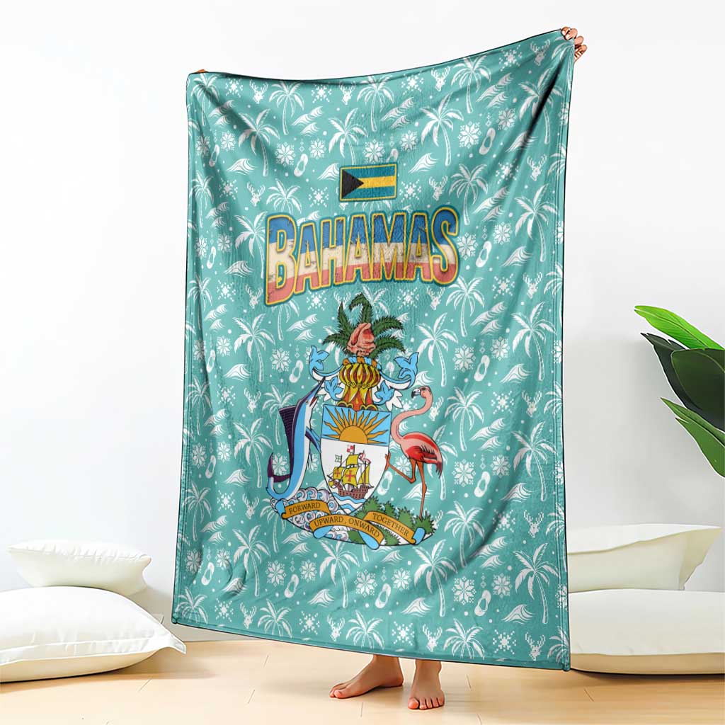 Bahamas Christmas Blanket with Teal Palm Pattern Carnival Santa and National Emblem Motif - Wonder Print Shop