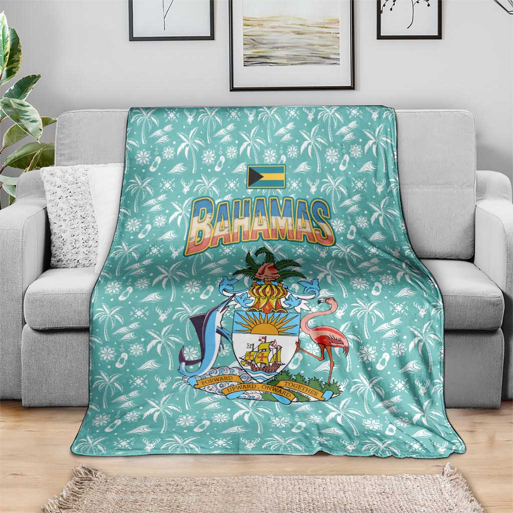 Bahamas Christmas Blanket with Teal Palm Pattern Carnival Santa and National Emblem Motif - Wonder Print Shop