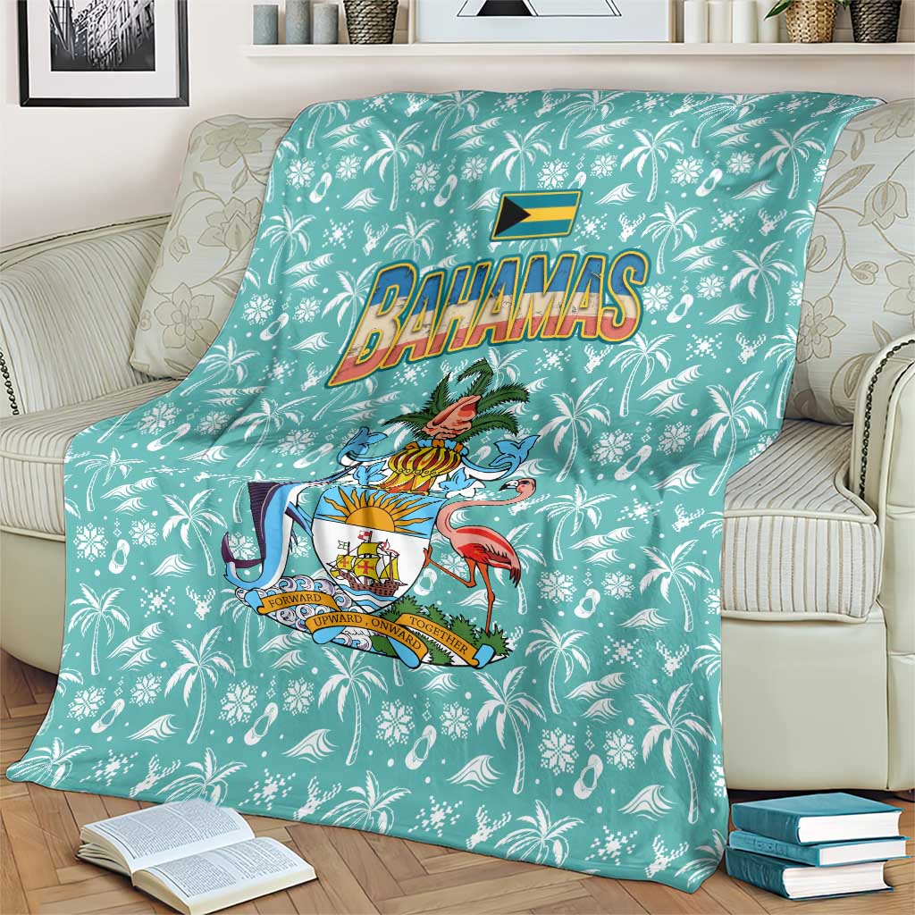 Bahamas Christmas Blanket with Teal Palm Pattern Carnival Santa and National Emblem Motif - Wonder Print Shop
