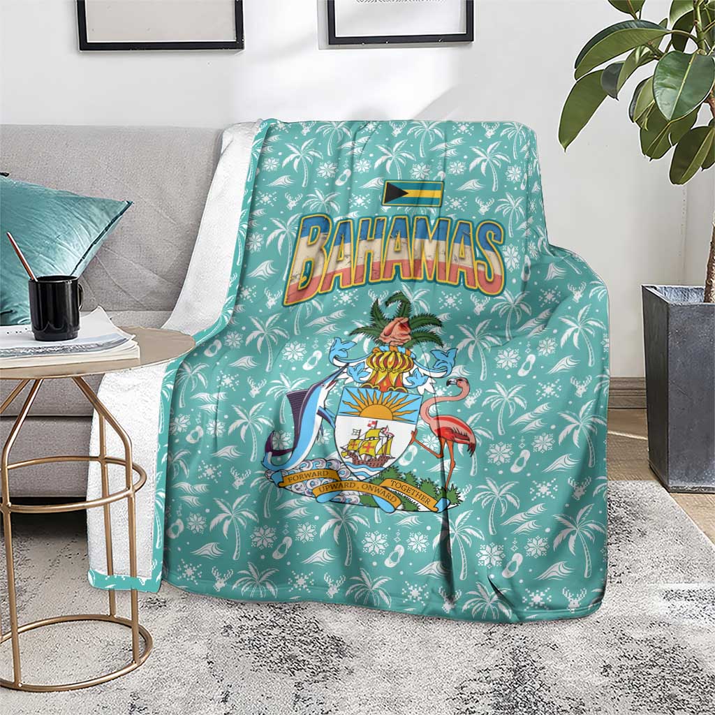 Bahamas Christmas Blanket with Teal Palm Pattern Carnival Santa and National Emblem Motif - Wonder Print Shop