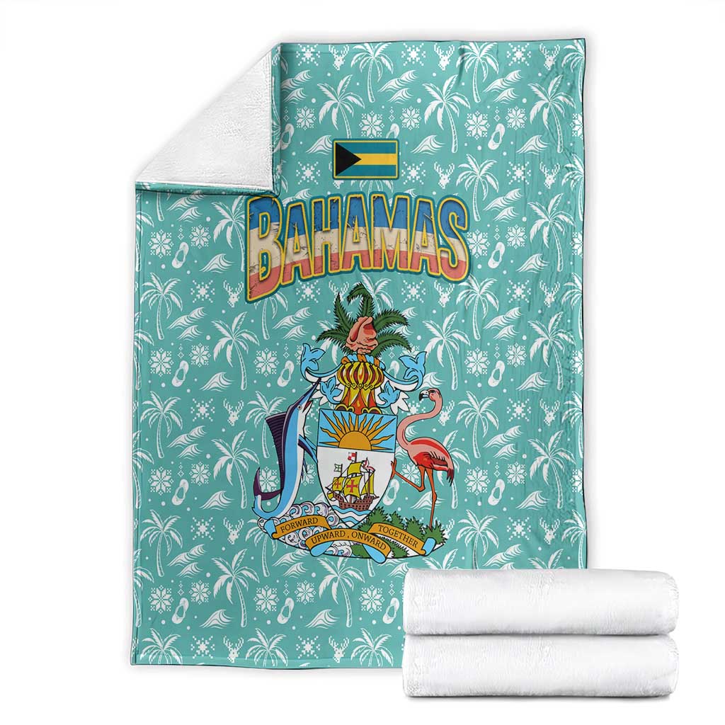 Bahamas Christmas Blanket with Teal Palm Pattern Carnival Santa and National Emblem Motif - Wonder Print Shop