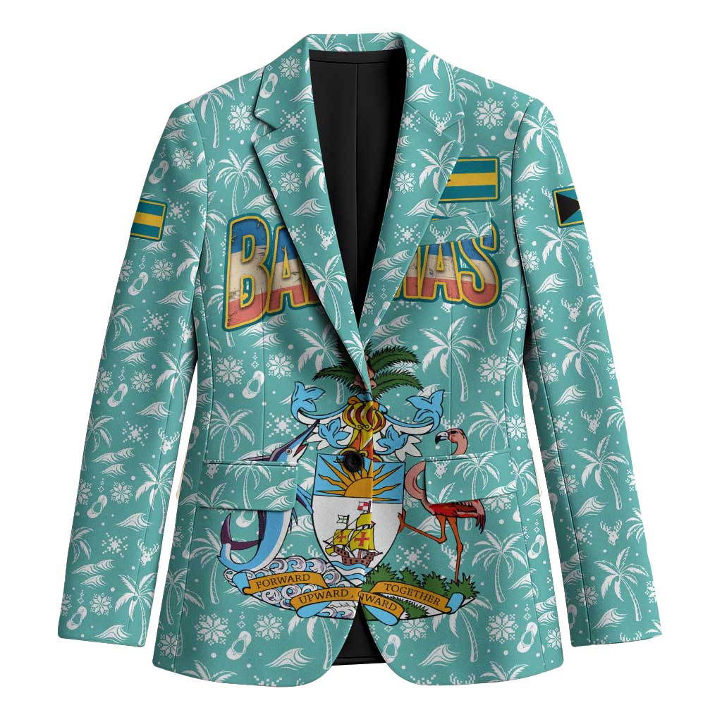 Bahamas Christmas Blazer with Teal Palm Pattern Carnival Santa and National Emblem Motif - Wonder Print Shop