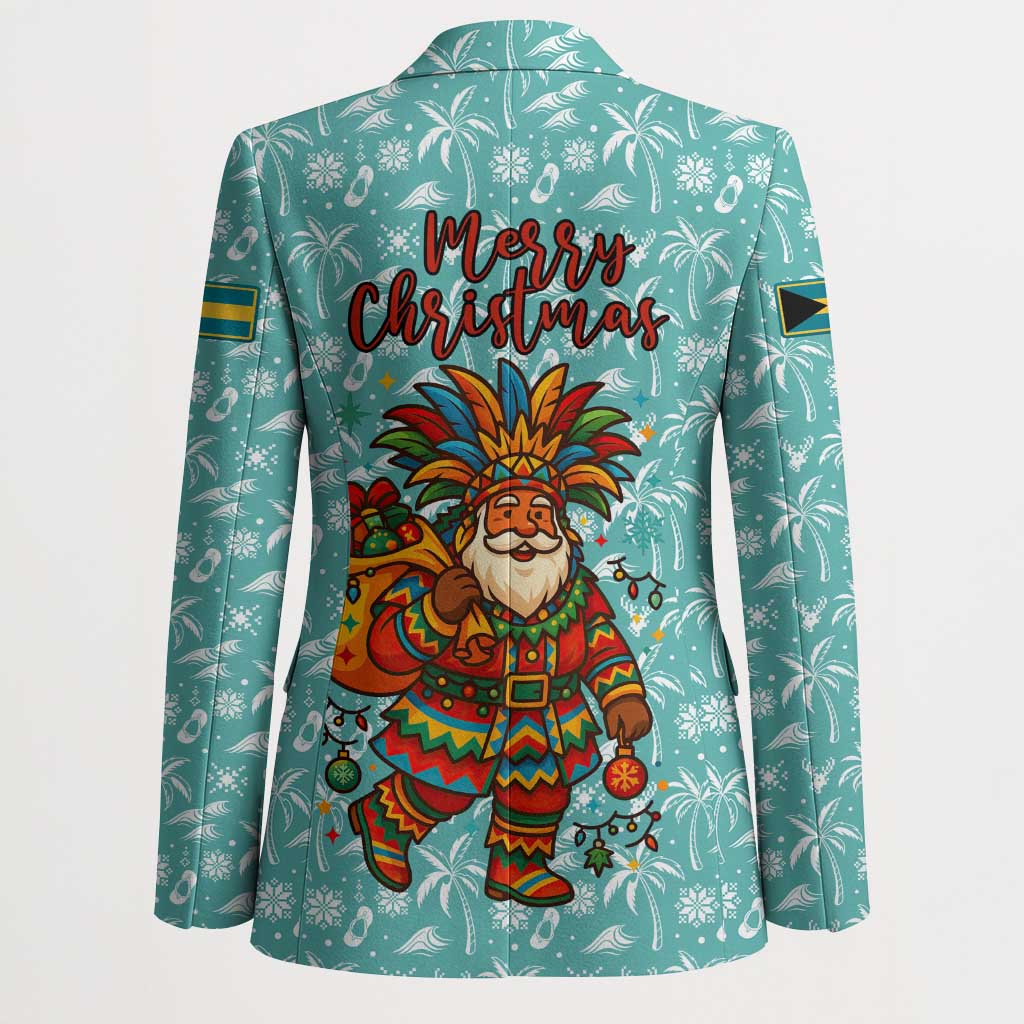 Bahamas Christmas Blazer with Teal Palm Pattern Carnival Santa and National Emblem Motif - Wonder Print Shop