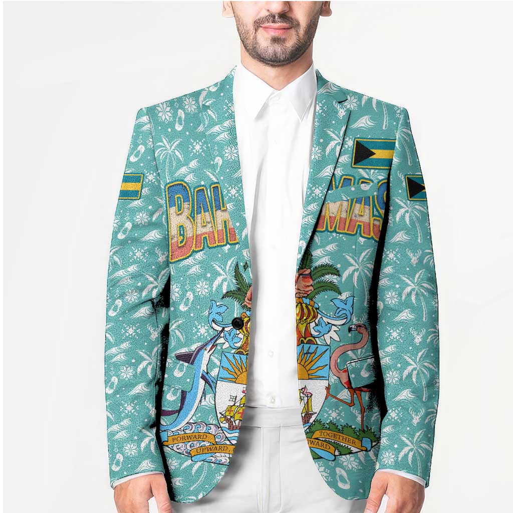 Bahamas Christmas Blazer with Teal Palm Pattern Carnival Santa and National Emblem Motif - Wonder Print Shop