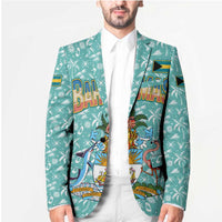 Bahamas Christmas Blazer with Teal Palm Pattern Carnival Santa and National Emblem Motif - Wonder Print Shop