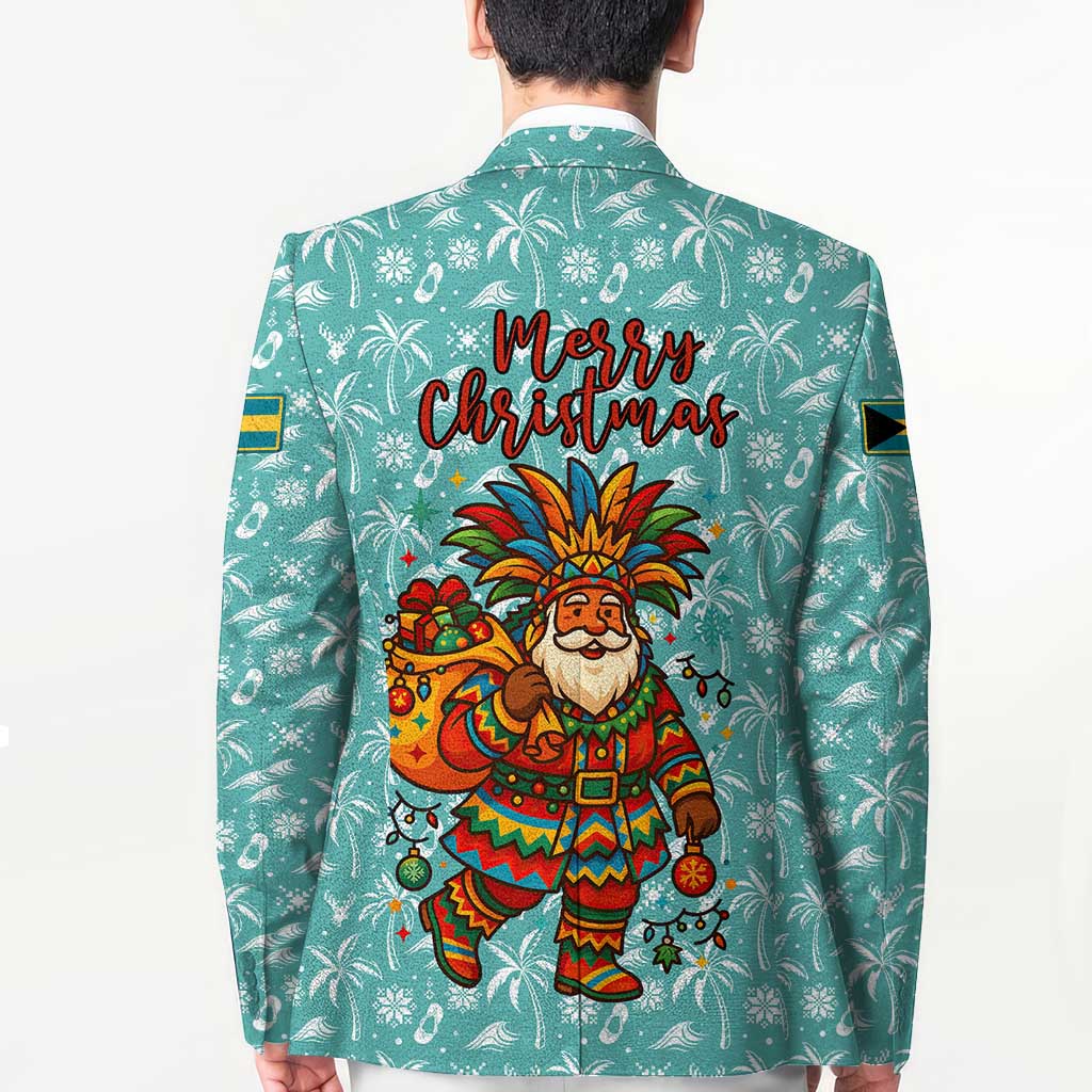 Bahamas Christmas Blazer with Teal Palm Pattern Carnival Santa and National Emblem Motif - Wonder Print Shop