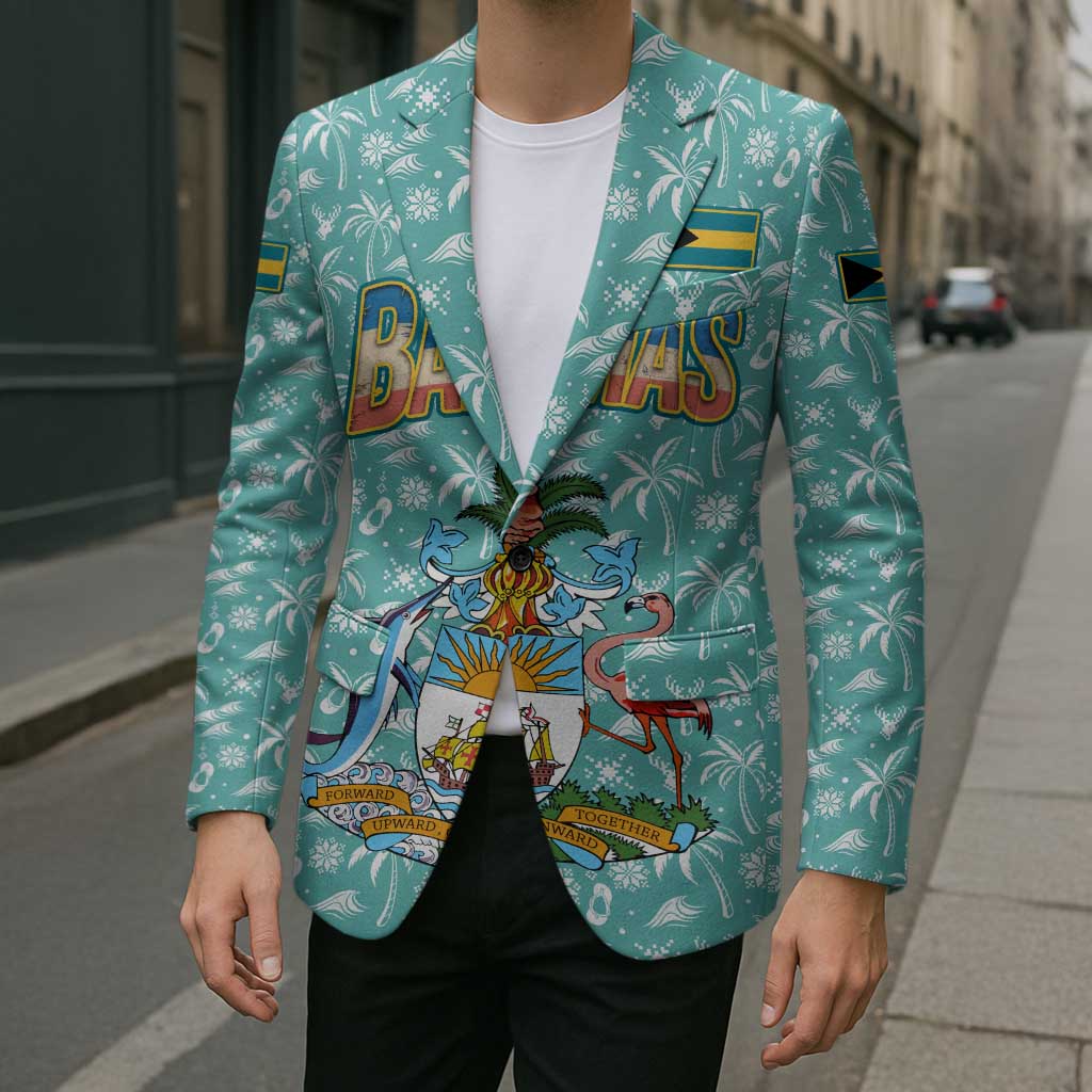 Bahamas Christmas Blazer with Teal Palm Pattern Carnival Santa and National Emblem Motif - Wonder Print Shop