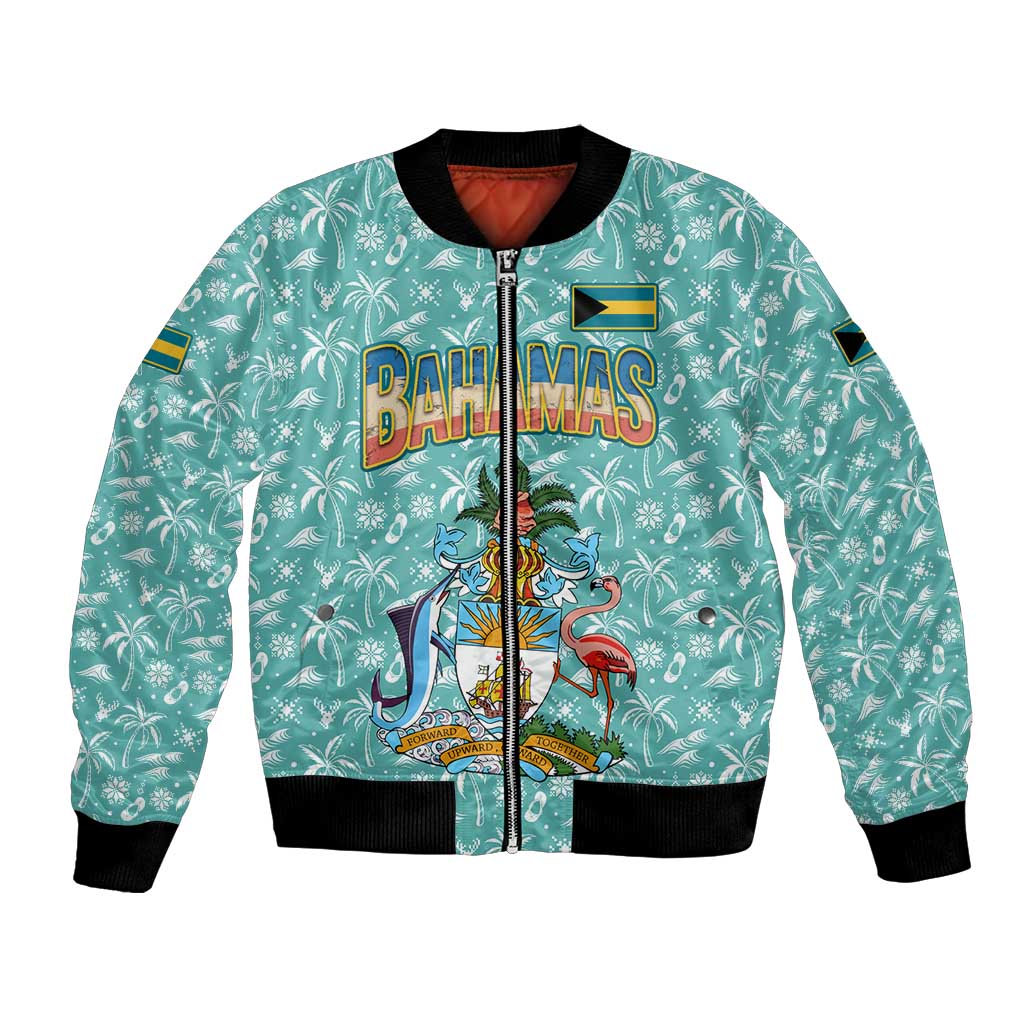 Bahamas Christmas Bomber Jacket with Teal Palm Pattern Carnival Santa and National Emblem Motif - Wonder Print Shop
