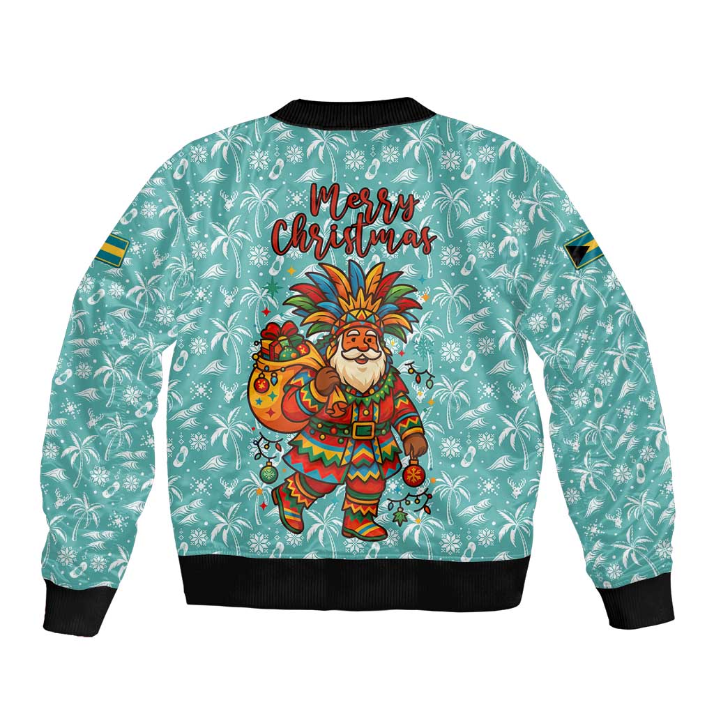 Bahamas Christmas Bomber Jacket with Teal Palm Pattern Carnival Santa and National Emblem Motif - Wonder Print Shop