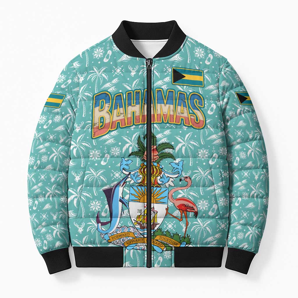 Bahamas Christmas Bomber Puffer Jacket with Teal Palm Pattern Carnival Santa and National Emblem Motif - Wonder Print Shop