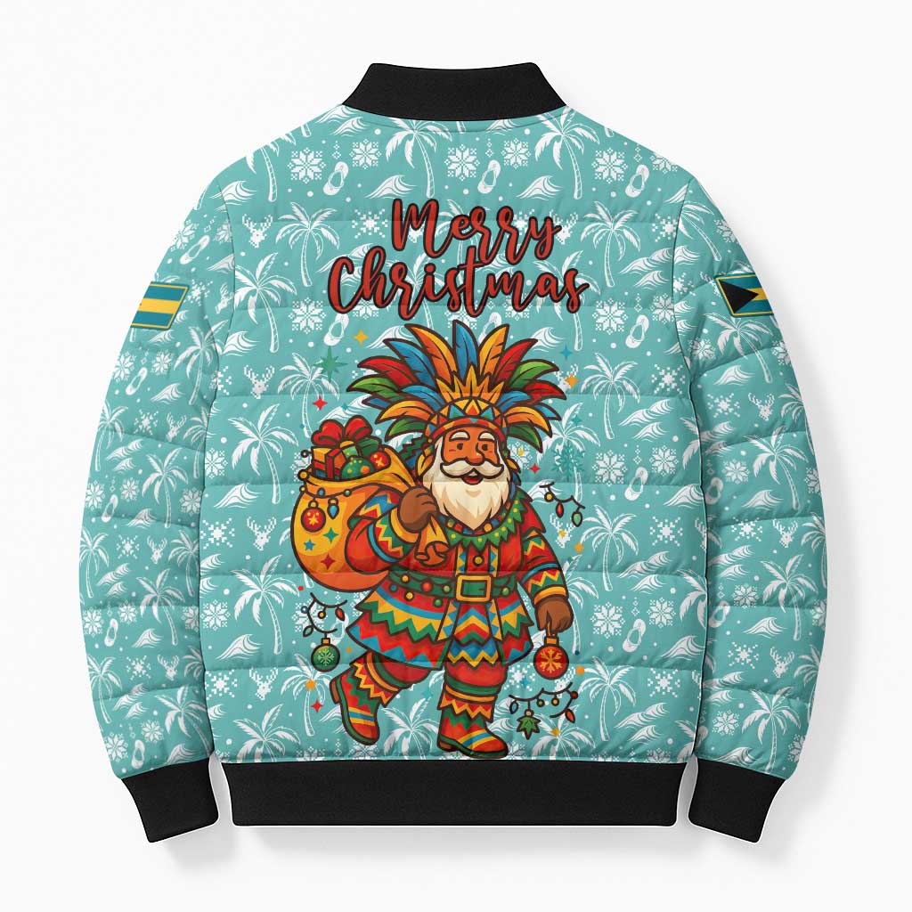 Bahamas Christmas Bomber Puffer Jacket with Teal Palm Pattern Carnival Santa and National Emblem Motif - Wonder Print Shop