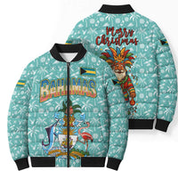 Bahamas Christmas Bomber Puffer Jacket with Teal Palm Pattern Carnival Santa and National Emblem Motif - Wonder Print Shop