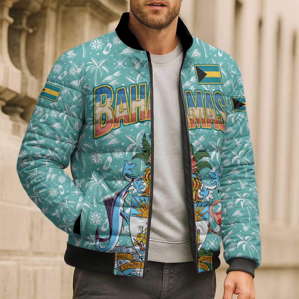 Bahamas Christmas Bomber Puffer Jacket with Teal Palm Pattern Carnival Santa and National Emblem Motif - Wonder Print Shop