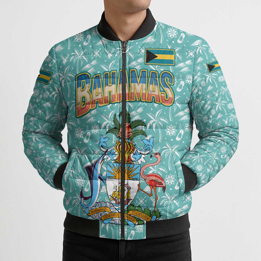 Bahamas Christmas Bomber Puffer Jacket with Teal Palm Pattern Carnival Santa and National Emblem Motif - Wonder Print Shop