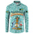 Bahamas Christmas Button Sweatshirt with Teal Palm Pattern Carnival Santa and National Emblem Motif - Wonder Print Shop