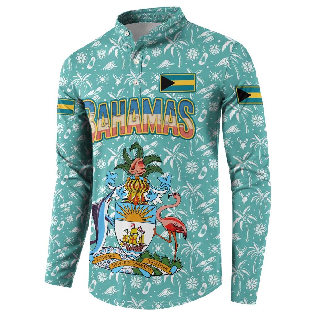 Bahamas Christmas Button Sweatshirt with Teal Palm Pattern Carnival Santa and National Emblem Motif - Wonder Print Shop