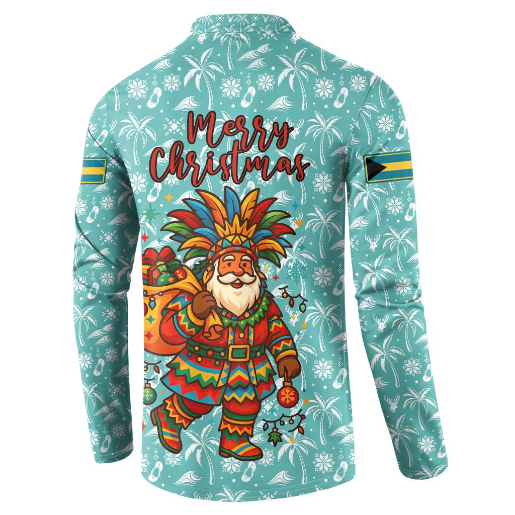 Bahamas Christmas Button Sweatshirt with Teal Palm Pattern Carnival Santa and National Emblem Motif - Wonder Print Shop