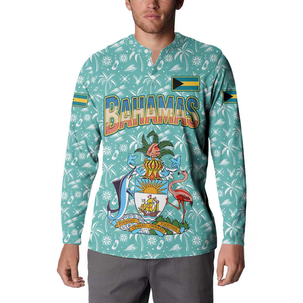 Bahamas Christmas Button Sweatshirt with Teal Palm Pattern Carnival Santa and National Emblem Motif - Wonder Print Shop