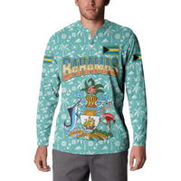 Bahamas Christmas Button Sweatshirt with Teal Palm Pattern Carnival Santa and National Emblem Motif - Wonder Print Shop