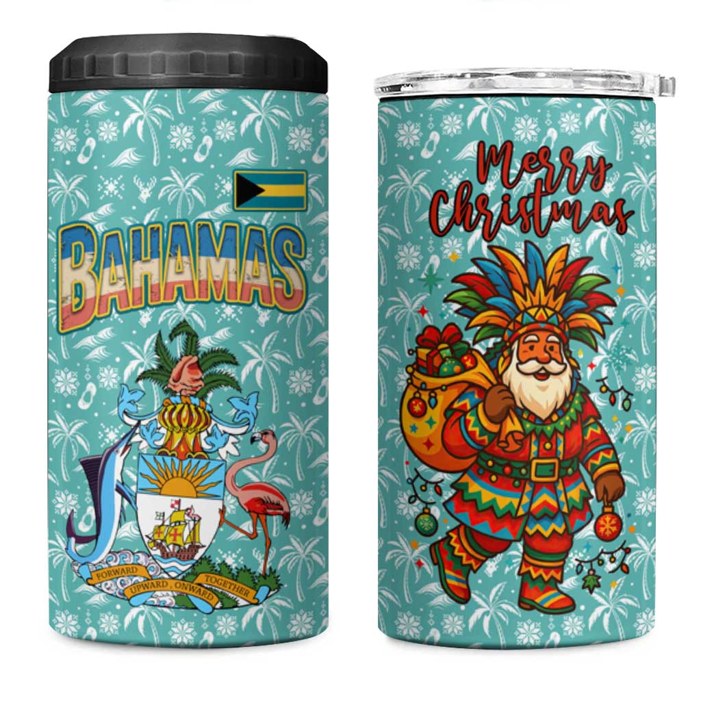 Bahamas Christmas 4 in 1 Can Cooler Tumbler with Teal Palm Pattern Carnival Santa and National Emblem Motif - Wonder Print Shop