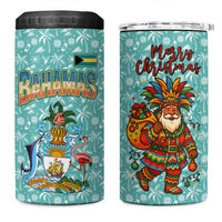 Bahamas Christmas 4 in 1 Can Cooler Tumbler with Teal Palm Pattern Carnival Santa and National Emblem Motif - Wonder Print Shop