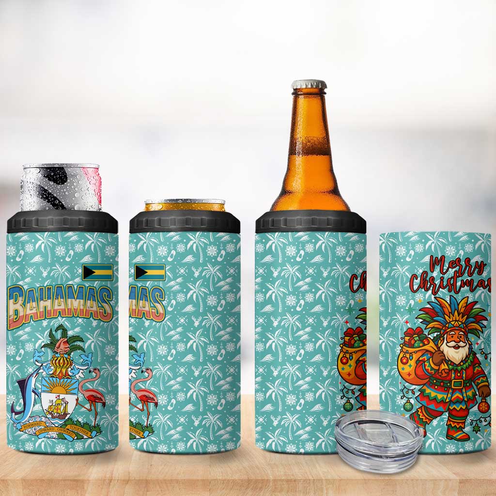 Bahamas Christmas 4 in 1 Can Cooler Tumbler with Teal Palm Pattern Carnival Santa and National Emblem Motif - Wonder Print Shop