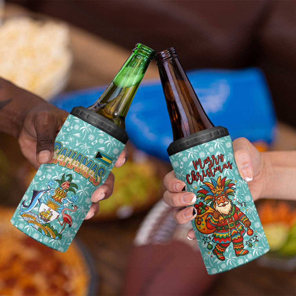 Bahamas Christmas 4 in 1 Can Cooler Tumbler with Teal Palm Pattern Carnival Santa and National Emblem Motif - Wonder Print Shop